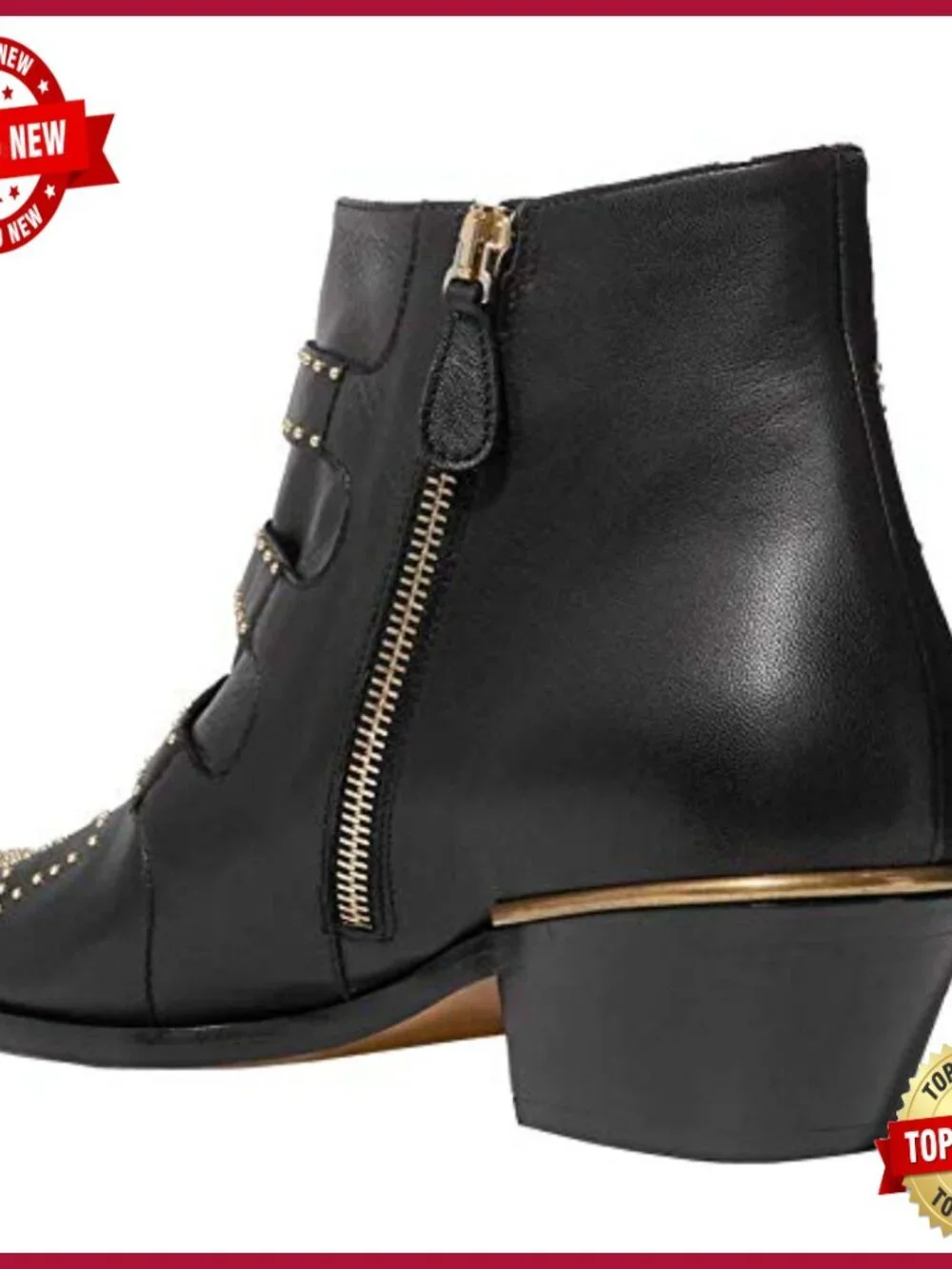 Leather Ankle Boots Studded Buckle Chunky Heel Zipper Punk Booties